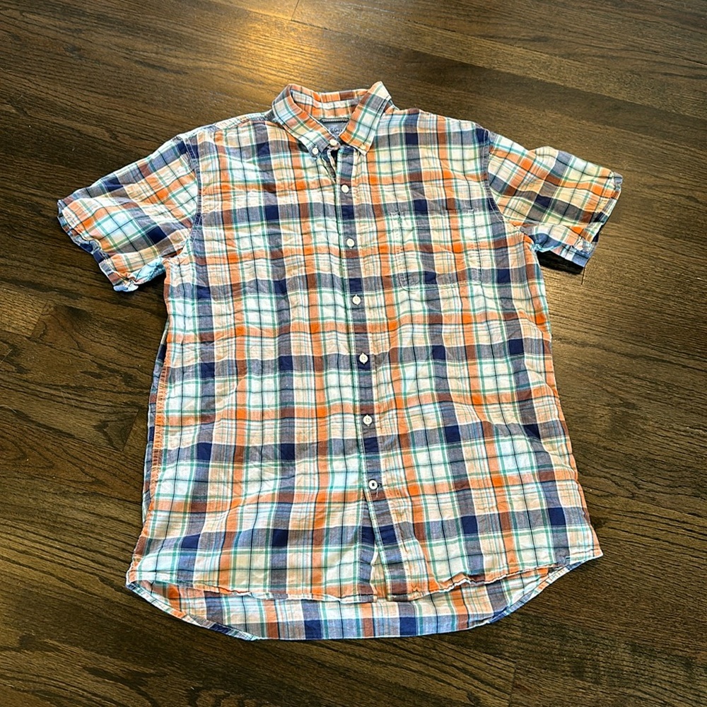 Izod Saltwater Button Down Shirt Short Sleeve Large L Blue Orange EUC